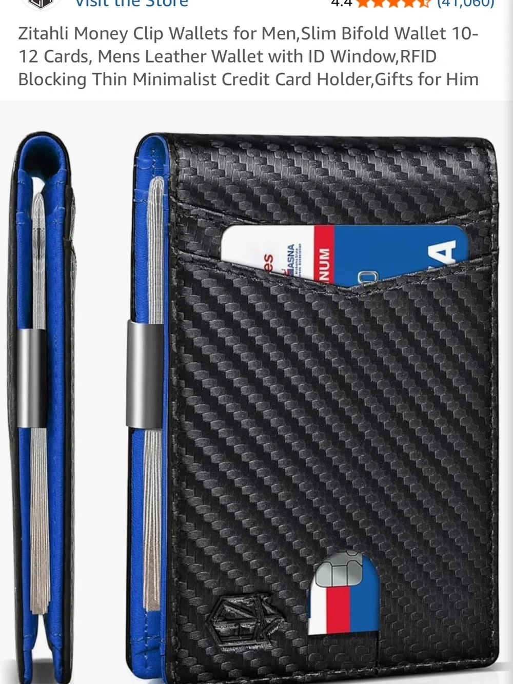 Zitahli Carbon Black & Blue Money Clip Wallet for Men Bifold RFID Blocking